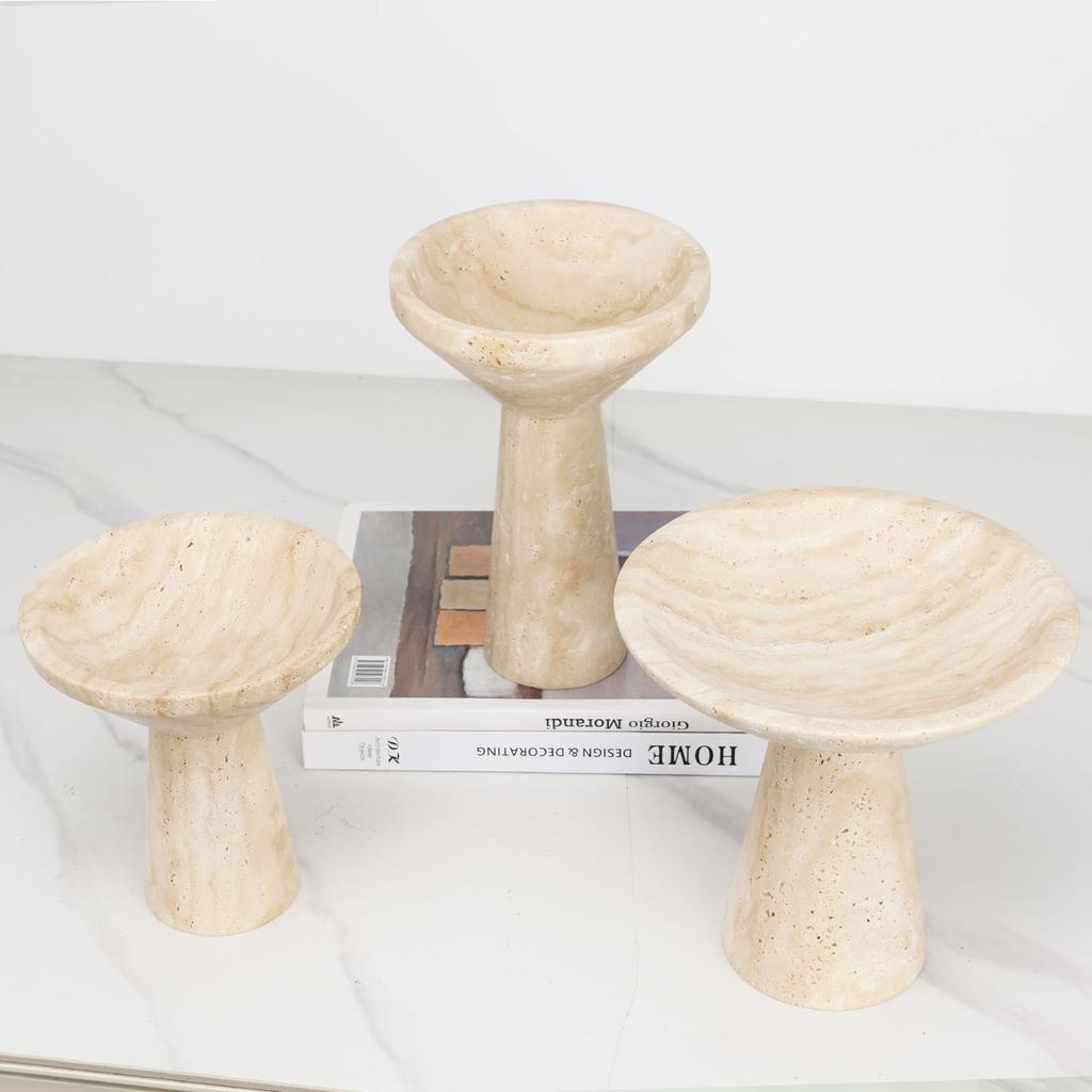 Marble high-footed round fruit plate decorative piece living room dining table surface travertine nut storage and display plate