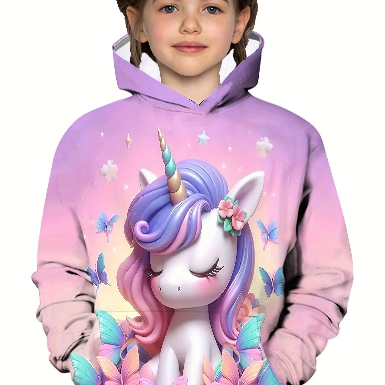 

Стильная шикарная толстовка с капюшоном с длинным рукавом и карманом-кенгуру для девочек с 3D-графическим принтом в виде единорога и бабочек на весну 100