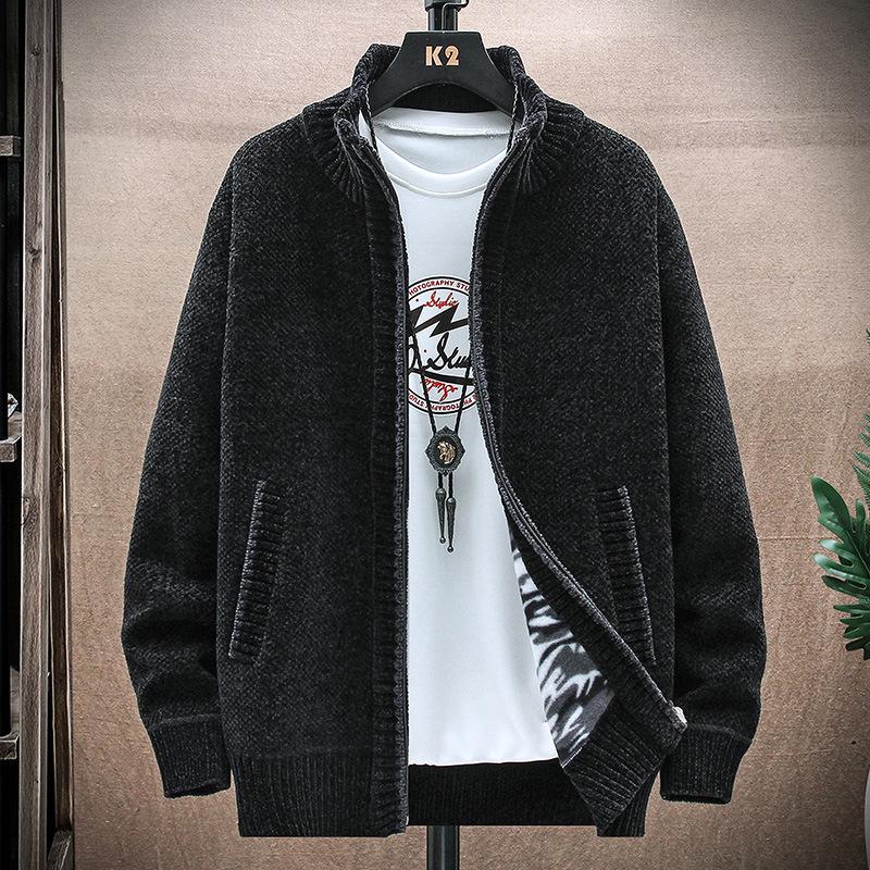 

Men s Autumn/Winter Zipper Cardigan: Loose Stand Collar Knit Sweater with Velvet for Extra Warmth XL чорний