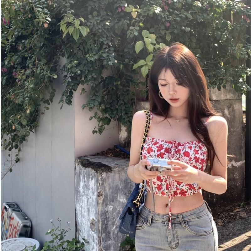 Sweet Spice Girl floral suspender vest women's summer pure desire backless sleeveless lace-up inside slim short top outside