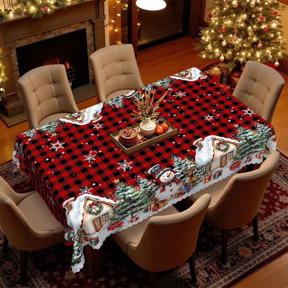 Creative Christmas Round Tablecloth Red And Black Plaid Snow Print, Snowman Christmas Tree Pattern Dining Table Coffee Table Table Flag
