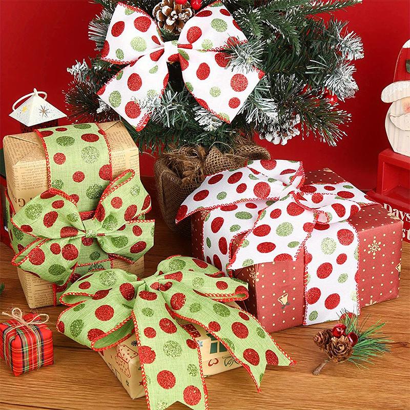 Holiday Gift Packaging Ribbon Xmas Glitter Wired Ribbons Christmas Multi Dots Ribbons