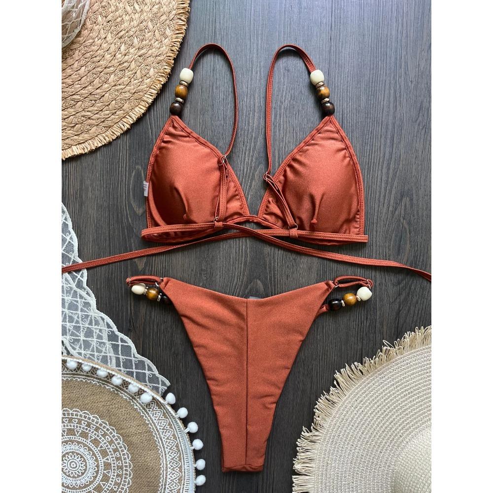 Sexy Brown Bikini Set 2026 Women Pearls Strap Hole Out Push Up Bra Thong Swimsuit Brazilian Beach Bathing Suit Micro Swimwear