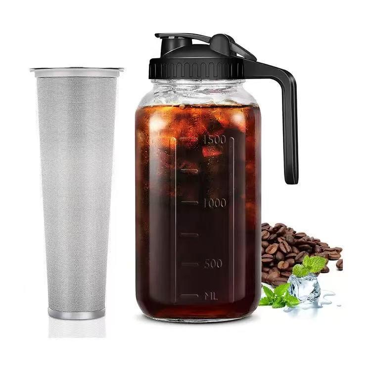 Large Capacity Cold Brew Coffee Maker - 34oz/64oz Thick Mason Jar with Handle, Spout, Lid, and Stainless Steel Filter