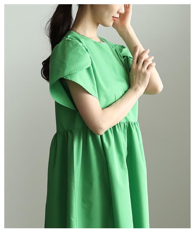 La A Voluminous Flared Color Dress That Brightens Your Long Dress with Short Flared Voluminous Flattering Casual Free Size Green [sawa Á Mode] Mood.