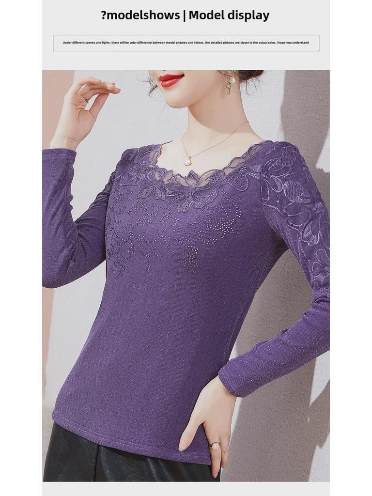 2024 Women's Plus-Size Long Sleeve Lace Mesh Warm Shirt