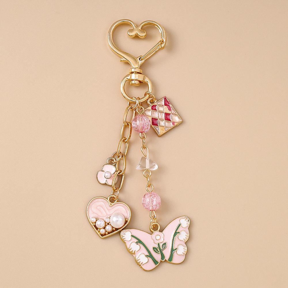 Aihua Pretty Pink Love Heart Key Chain Pearl Butterfly Heart Key Ring Pendants for Women Girls Handbag Decor DIY Jewelry Gift