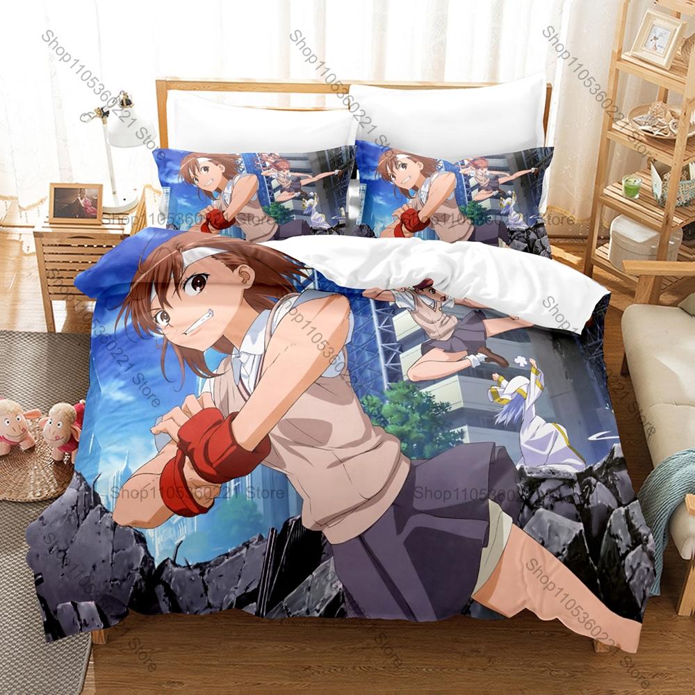 Popular Anime Misaka Mikoto Graphic Bedding Set Duvet Cover With 2 Pillowcases Teen Otaku Room Decor
