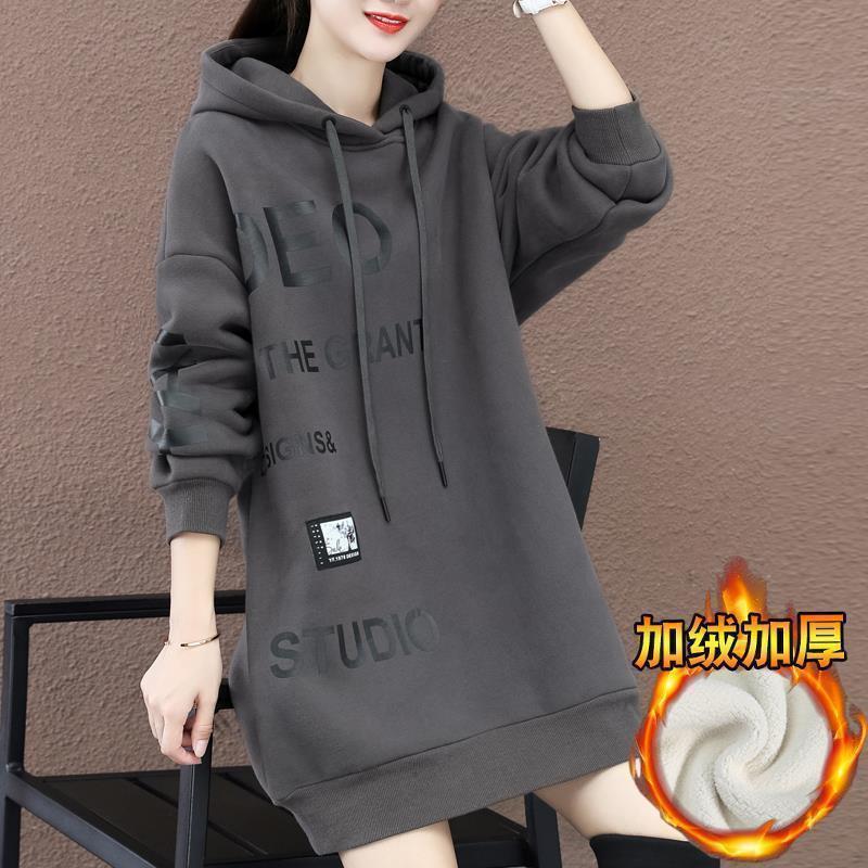 Hrubá sametová mikina střední délky pro ženy podzim zima nová korejská volná západní styl s kapucí top bunda