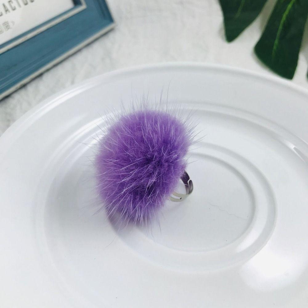 Opening Adjustable Pompom Fur Ball Ring Alloy Ring Cute Fur Ball Mink Hair Finger Ring  Women