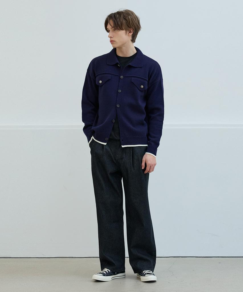Nodu Collar Pocket Knit Jacket Cardigan [Navy]