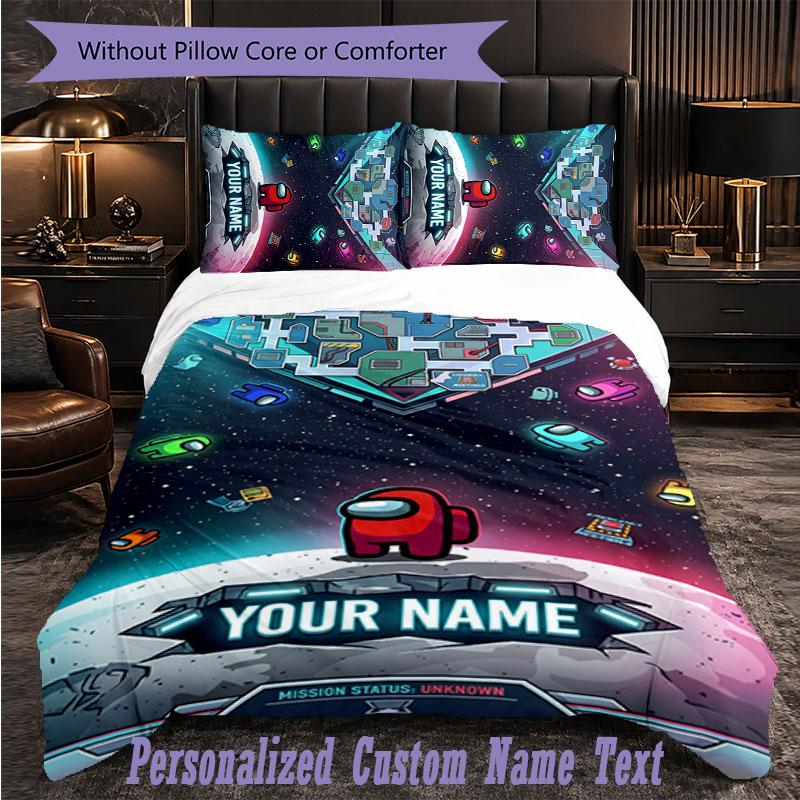 Personalized 3Pcs Bedding SetAmong Us Custom Text Duvet Cover Pillowcase Set Bedroom Gift