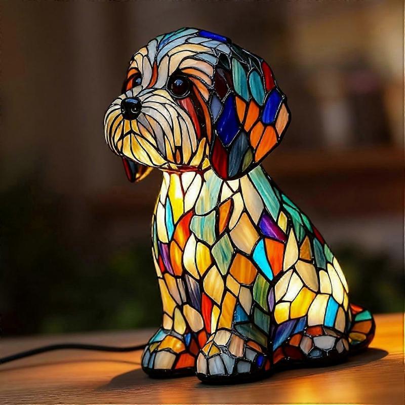 Luce Notturna per Cani con Adorabile Design a Vetro Colorato di Cucciolo, Calda Luce LED, Lampada da Tavolo per Camera da Letto Alimentata da USB per Amanti dei Cani