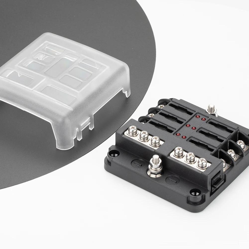 12V 6-Way Blade Fuse Block with  LED Indicator Waterproof Protection Cover and Label Sticker for Automotive Car Truck Trailer