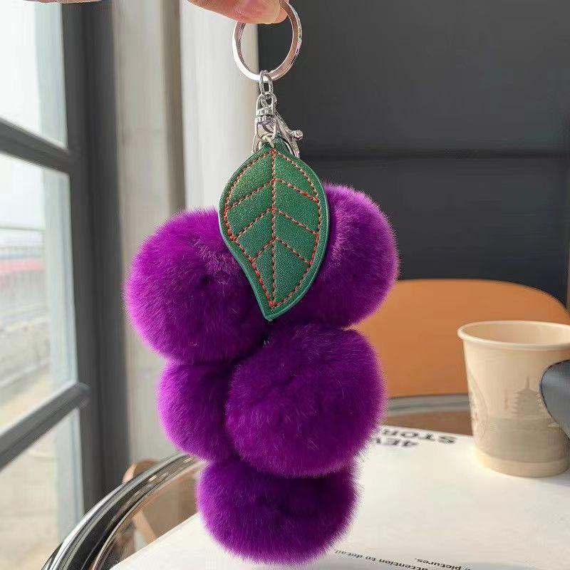 Cute Grape Poms Bag Chain Keychains Fluffy Pompoms Pendant Rex Rabbit Fur Pompoms Keyring Backpack Bag Accessories