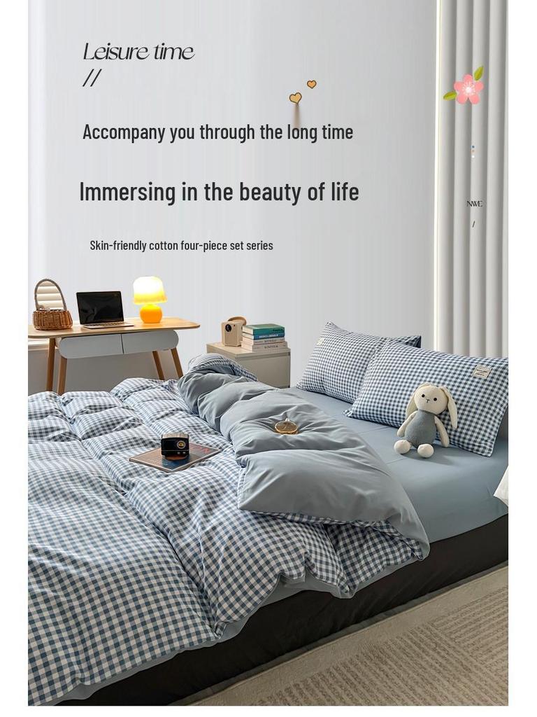 Muji Style Plaid Peach Fuzz Cotton Bedding Set: Skin-friendly Bed Sheet, Fitted Sheet, Duvet Cover - 3 or 4 Piece Options for Dorm.