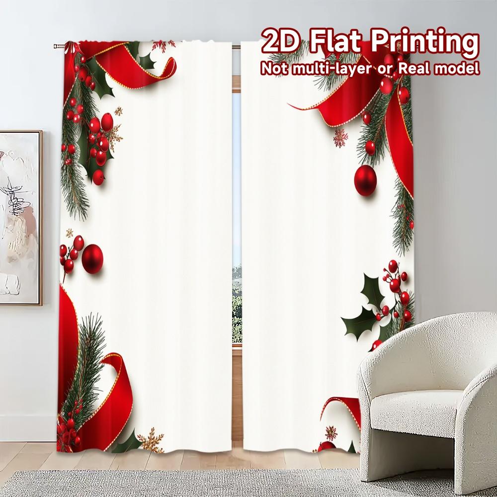2pcs,Curtains Christmas Bow Holly Berry_a Chic Chic Curtains Prints Light Filtering Curtains All Seasons Perfect for Bedroom,