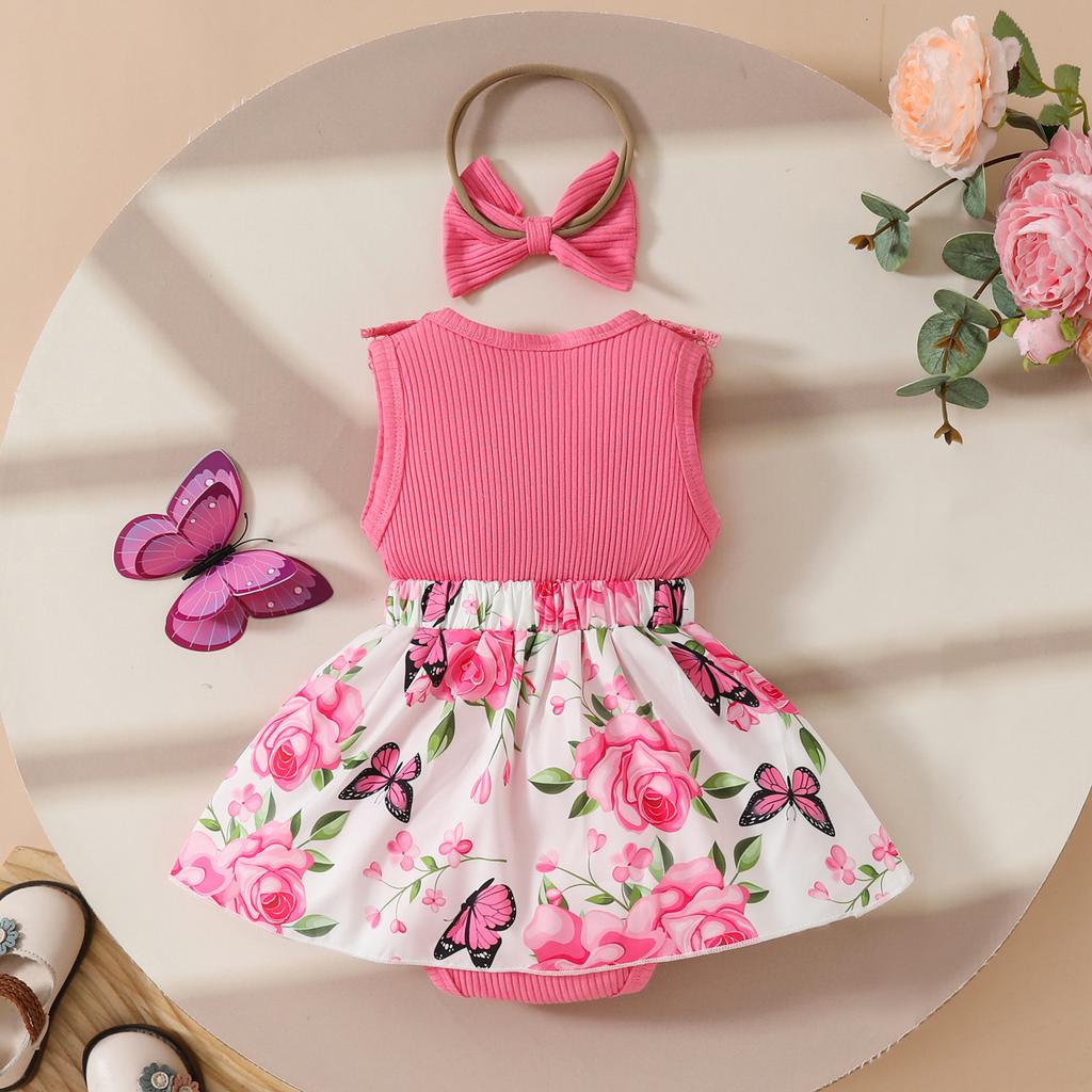 Baby Girl Sleeveless Lace Floral Bowknot Romper Dress with Headband Toddler One-piece Outfit Summer Style
