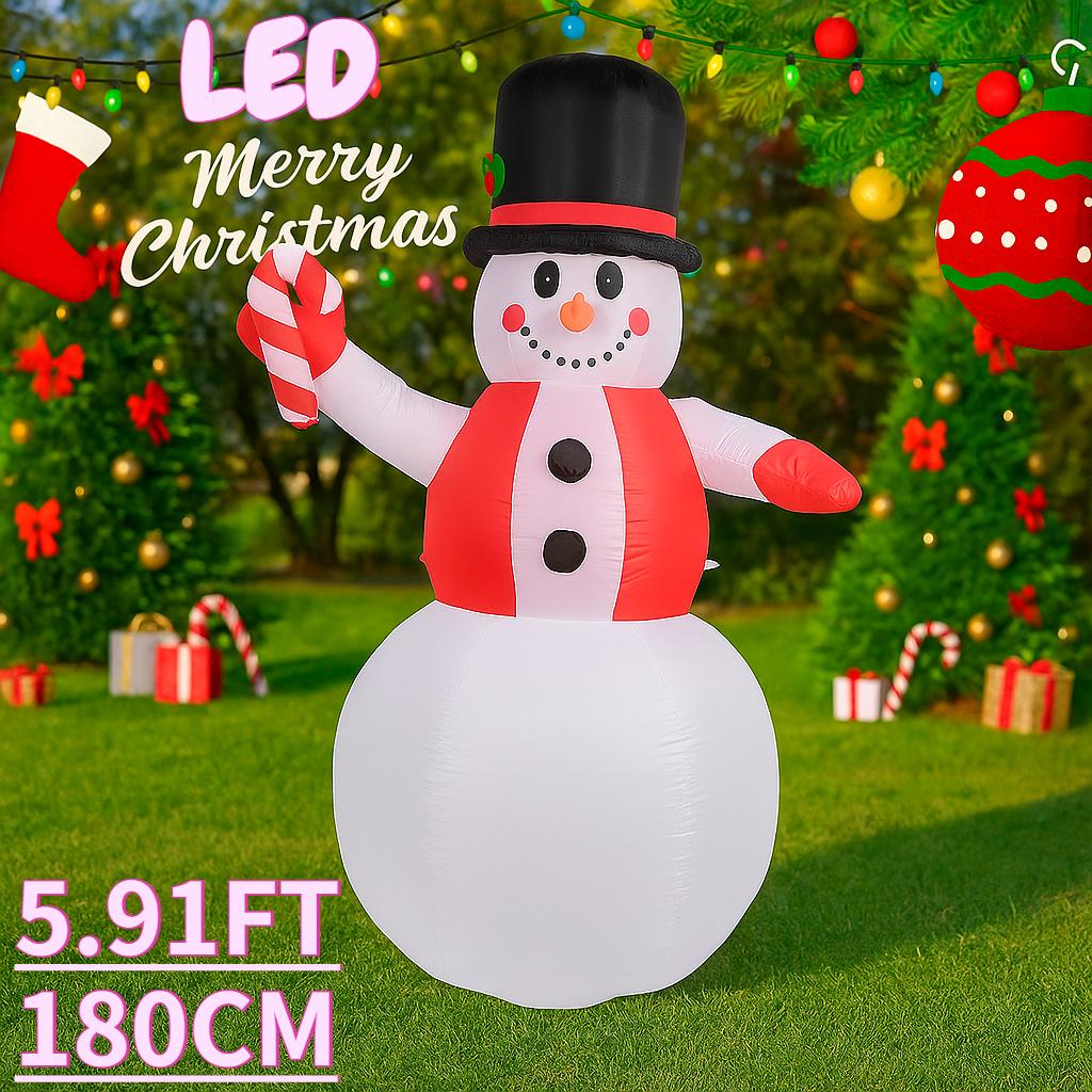 

5.91FT Christmas Inflatable Toys Xmas Yard Lawn Party Decoration Hat Snowman Candy Cane Home Supplies Ornament Gift with LED Lit EU