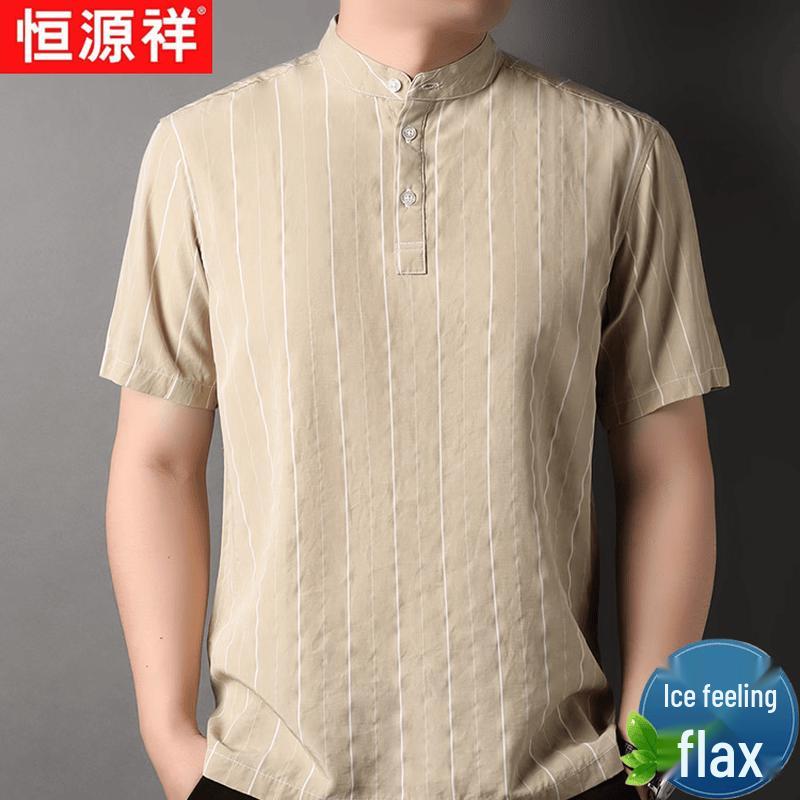 Hengyuanxiang Men s Linen Stand Collar Short Sleeve T-Shirt L