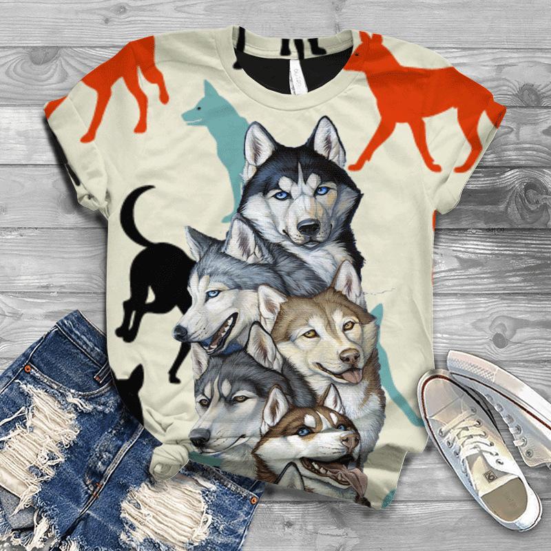 Summer New Printed Short Sleeve Top for Women, Round Neck 3D Dog Printed Women's T-shirt