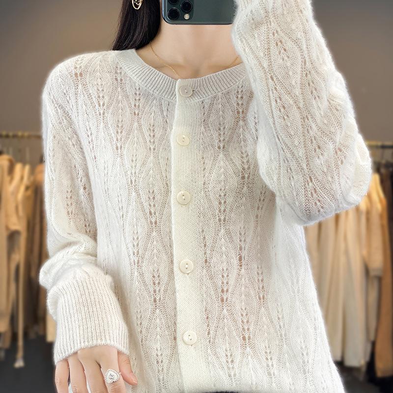 2023 Women's Retro Loose Round Neck Hollow Pure Wool Cardigan Sweater Knit - Early Autumn