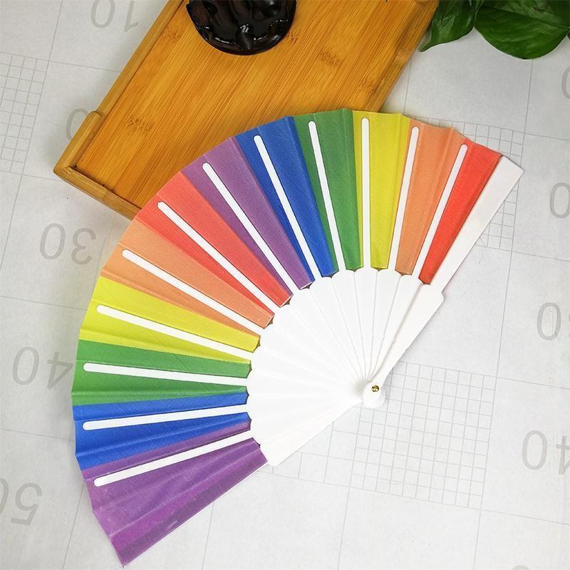 Rainbow Hand Crank Fan Foldable Oriental Style Silk Fabric Pocket Hand Fans Party Fovor Personality Dance Fan Gifts