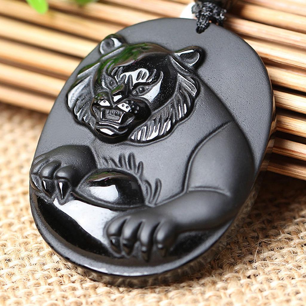 Zodiac Animal Pendant Necklace (Tiger) Made from Natural Obsidian Power Stone, Bella Jade