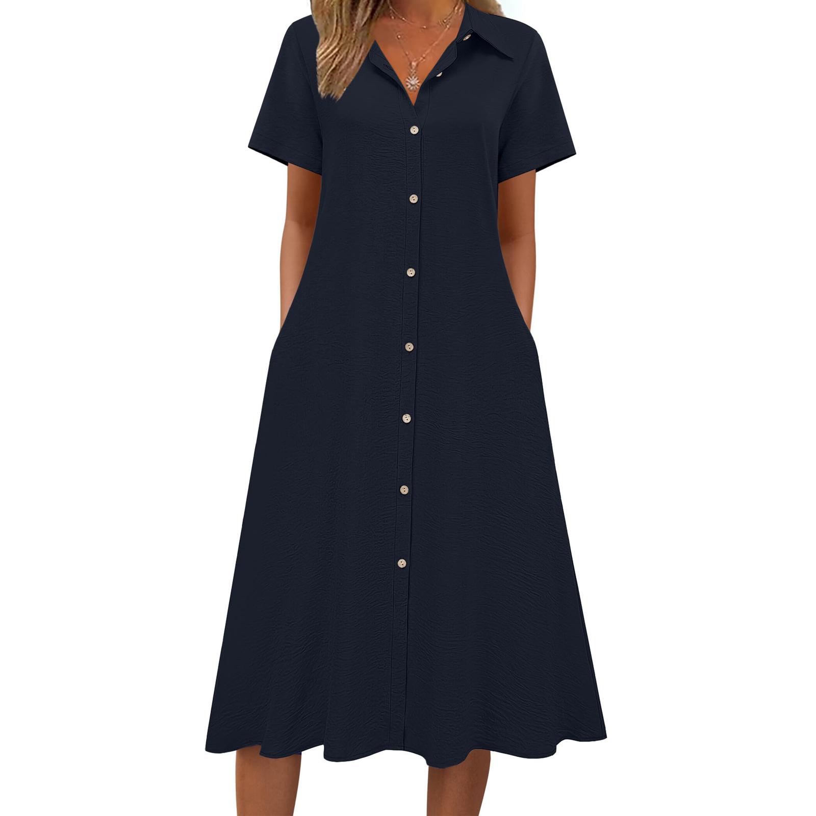 

Summer Dresses For Women Button Down Shirt Dresses Aline Long Sundress Short Sleeve Beach Travel Cover Up XL Темно-синій