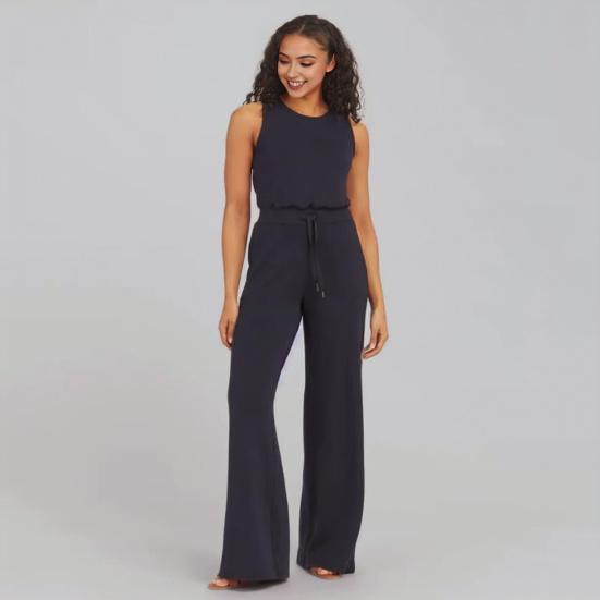 Kadın Yaz Tulum Yuvarlak Boyun Kolsuz İpli Yüksek Elastik Bel Düz Renk Geniş Bacak Yumuşak Nefes Spor Gidip Günlük Tulum