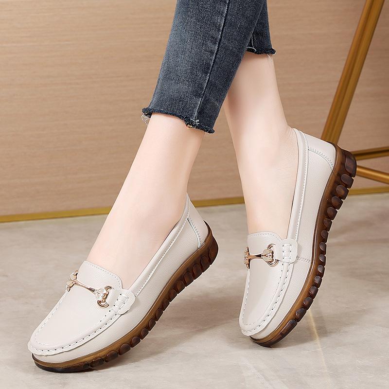 2023 Spring Women's Soft Loafers - Korean Style Metal Slip-ons, White Commuter Shoes for Mom