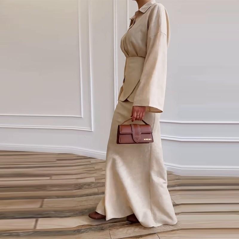 Womens Elegant Turn-Down Collar Long Sleeve Fitted Midi Dress Set With Button Detail Fall