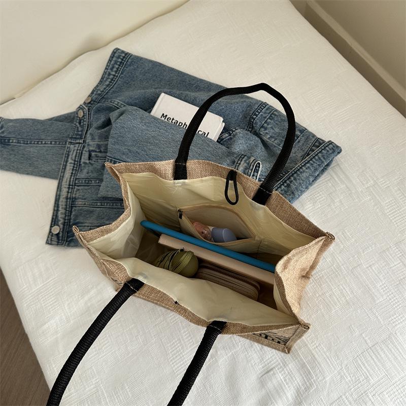 Korean-Style Large Capacity Linen Bucket Shoulder Bag for Women, 2024