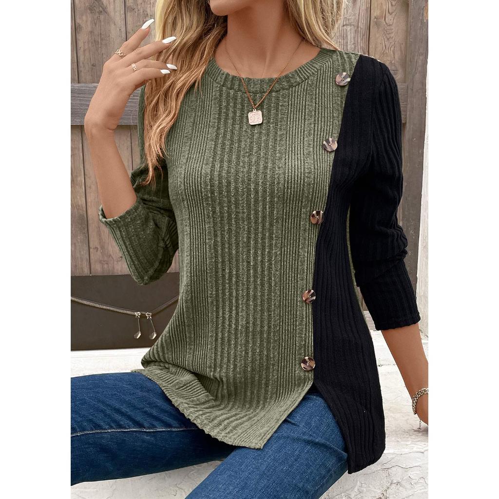 Neues Damen Colorblock Knöpfbares Gespaltenes Langes Lässiges Oberteil, Freizeit