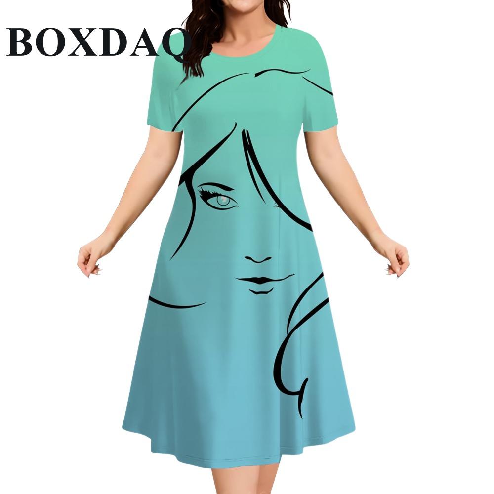 Women's Short Sleeve O-Neck Painting Face Abstract Print Dress 2026 Summer New Loose Plus Size Mini Dresses Ladies Fashion Dress