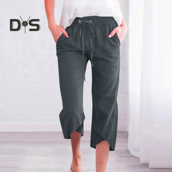 Damen Cropped-Hose, elastischer Kordelzug in der Taille, lässiges Design mit lockerem Bein, Freizeithose, einfarbig, lockere Passform, Hose mit mittlerer Wade