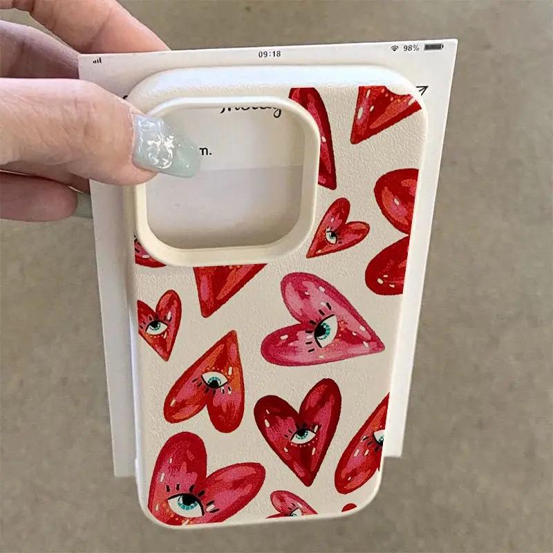 Vintage Red Eyes Heart Lichee Pattern Phone Case for iPhone 11 12 13 14 15 16 17 Pro Max X XS XR 16E Plus 17Air Shockproof Cover