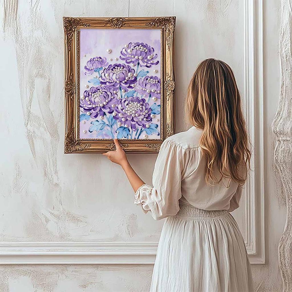 Crystal Pearl Painting 5D DIY Frame Decoration Painting Purple Flowers Home Wall Decoration Transparent Pearl Gemstone Painting Picture Art Crafts