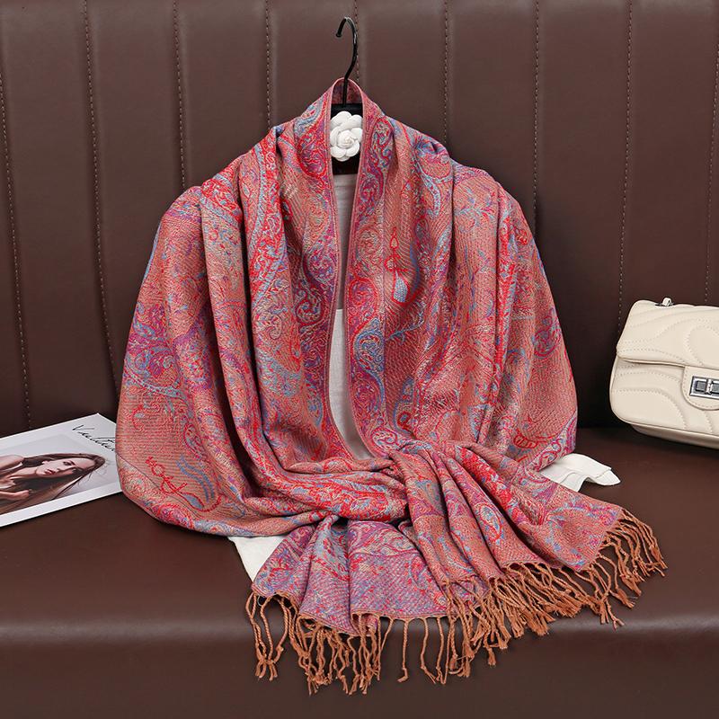 [T788] Winter Warm Thick Ethnic Style Jacquard Scarf Outdoor Women Travel Cashmere Tassel Shawl Neck Wrap Pashmina Retro Floral