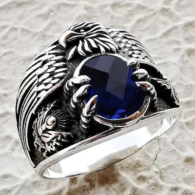 Bague Aigle Rétro Trois Héros pour Homme avec Gemme Bleue Incrustée - Design Punk Tendance Européen et Américain