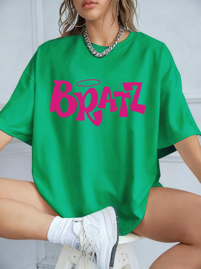 Y2K Pink Bratz Letter Prints Short Sleeve T-Shirts Womens Summer Cotton Tee Shirts Loose O-Neck Comfortable Tops Street Clothes