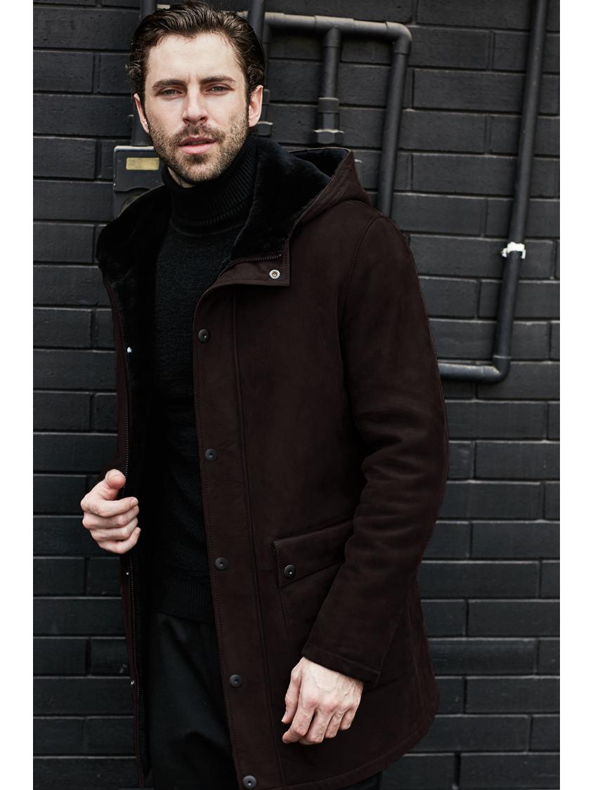 

2024 Men s Hooded Leather and Fur Long Coat with Multi-button Suede Velvet Outerwear - European and American Style. 2XL кавовий