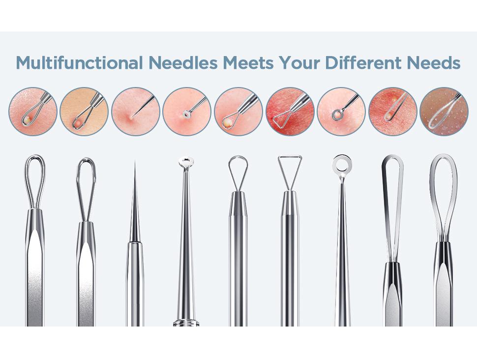 Set de 5 piese pentru îndepărtarea punctelor negre, cu capete duble, din oțel inoxidabil, negru