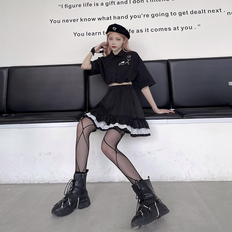 Short Skirt Dark Gothic Female Student A-line Pleated Skirt High Waist Skirt Lace
