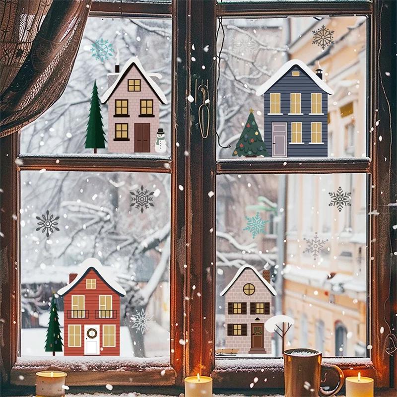 Christmas Houses Window Stickers Removable Self-adhesive Double Sided Snowflakes Xmas Tree Wall Glass Decals for Home Decoration
