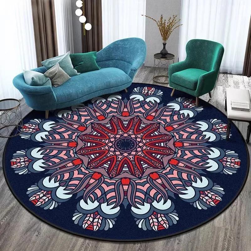 Round Area Rug With Mandala Style Geometric Floral Patterns In Vibrant Colors Boho Chic Style Soft Durable Floor Decor