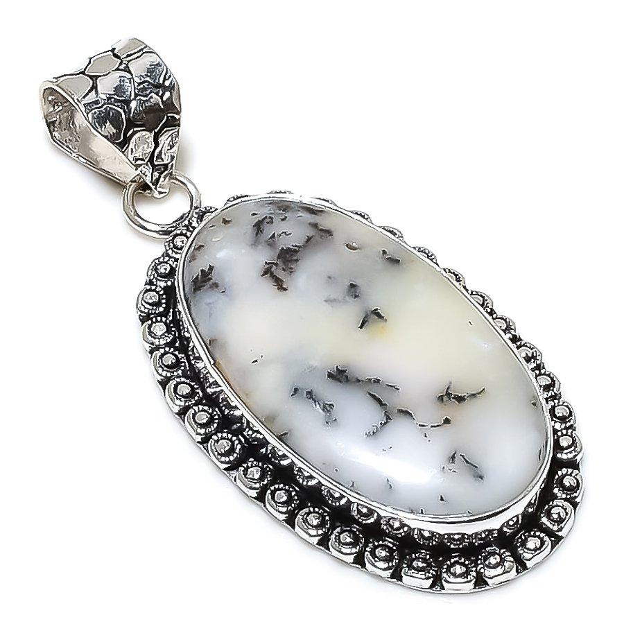 Dendrite Opal Gemstone Handmade 925 Sterling Silver Jewelry Pendant 2.05" SU-10778