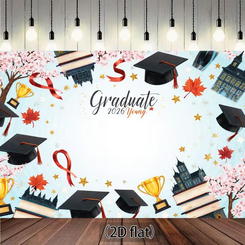 

2D Graduate Young 2026 2D Flat Banner, Cherry Blossom & Graduation Background 47.2x31.5inch/120*80cm