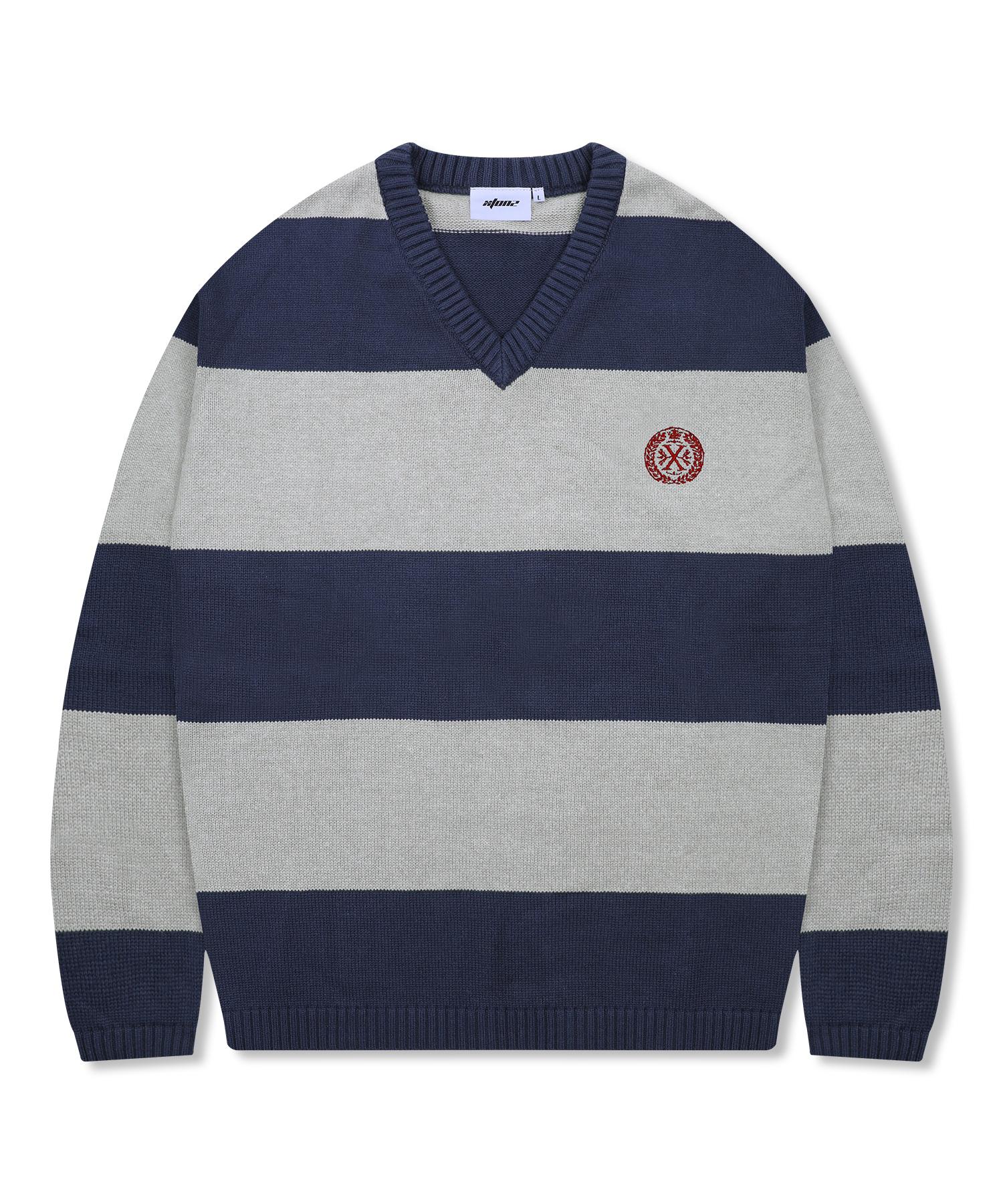 Xtonz Xtk170 Striped V-Neck Pullover Knit (Navy) Navy/L