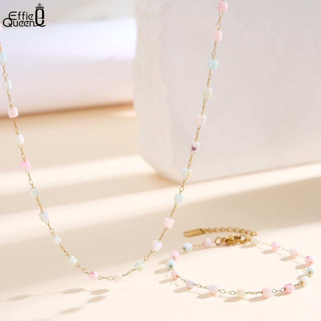 EFFIE QUEEN Stainless Steel 18k Gold Square Shell Chain Choker Necklace Natural Jewelry for Women Birthdays Party Gift STMN01